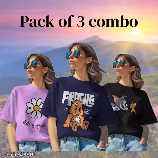 Women's 3pcsSet Casual Retro Stylish Cotton Round Neck Tshirts 100% Cotton Regular fit For Women And Girls Combo Pack of 3