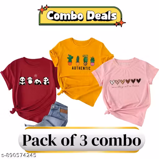 Women's 3pcsSet Casual Retro Stylish Cotton Round Neck Tshirts 100% Cotton Regular fit For Women And Girls Combo Pack of 3