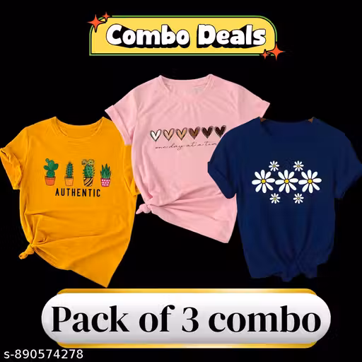 Women's 3pcsSet Casual Retro Stylish Cotton Round Neck Tshirts 100% Cotton Regular fit For Women And Girls Combo Pack of 3