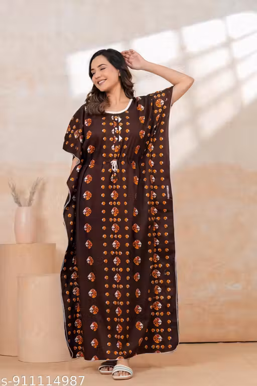 Women Printed Cotton Nighty Kaftan Style | Maxi Night Dress Loose Fit | Soft Breathable Nightwear for Ladies | Daily Wear Gown Free Size