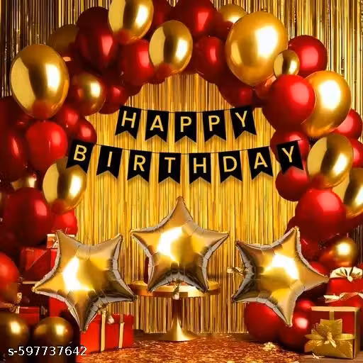 Happy Birthday Decoration Kit (Golden Theme) / 13pcs Happy Birthday Banner + 2pcs Golden Foil Curtain + 3pcs Golden Star Foil Balloon + 10pcs Red Metallic Balloons & 10pcs Golden Metallic Balloons (Pack of 38 items)