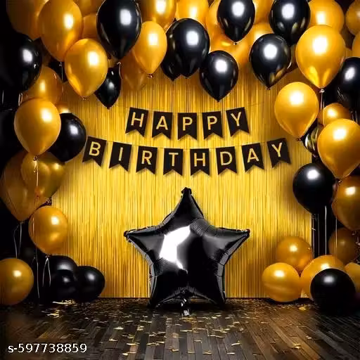 Happy Birthday Decoration Kit (Golden Theme) / 13pcs Happy Birthday Banner + 2pcs Golden Foil Curtain + 1pc Black Star Foil Balloon + 10pcs Golden Metallic Balloons & 10pcs Black Metallic Balloon (Pack of 36 items)