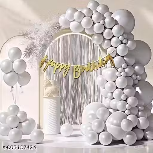 White Happy Birthday Decoration Combo Kit for Girls & Boys 29pcs with HBD Banner, Arch, Tape & white Balloons 25pcs.
