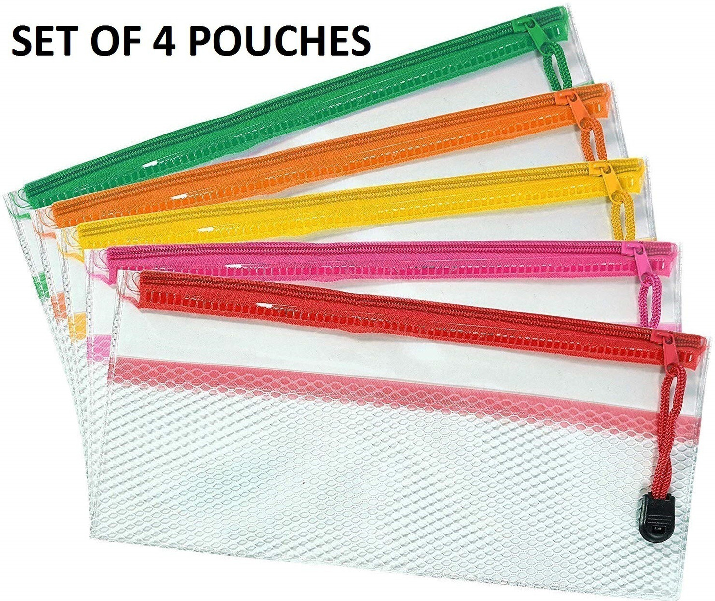 Sachi Transparent Zippered Multipurpose Case/Pouch/Pencil box Transparent Art Plastic Pencil Boxes (Set of 4, Multicolor)