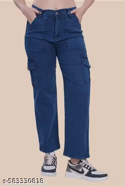 FGJ Women’s Dark Blue High-Rise Cargo Jeans – Stretchable & Comfortable for Adults