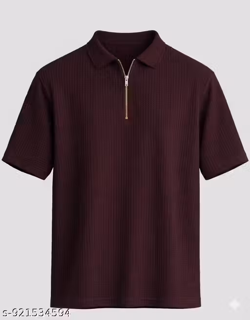 Pack Of 2pcs Premium Frill Fabric Half Zip Collar T-Shirt --For Casual And Daily Use Wear || Men Self Design Polo Zip Neck T-shirt For Men