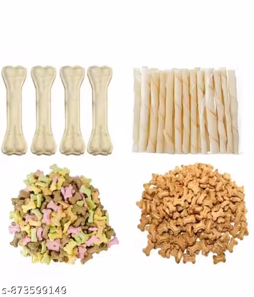 Crunchy (Mix & Cocoa) Dog Biscuits & Twisted White Stick Each 50gm And Calcium Rawhide 4 Inch 4 Dog Bone