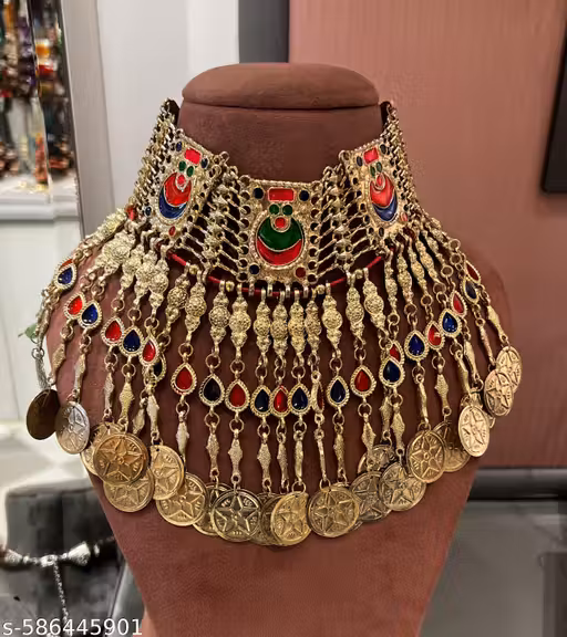 Traditional Gold-Plated Rajasthani Aad Choker Necklace Set for Women | Ethnic Marwari Meenakari Heavy Bridal Jewellery with Coin Hangings and Multicolor Stones | Premium Festive & Wedding Wear Tribal Boho Style Kundan Work Neckpiece