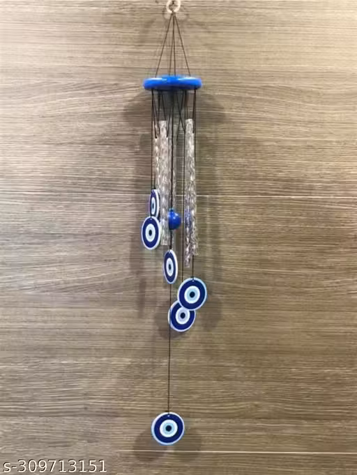 VROO Evil eye wind Chime Hanging for Home Balcony Garden Office Bedroom possitive Aluminium, Wood, Plastic Windchime (25 inch, Blue)
