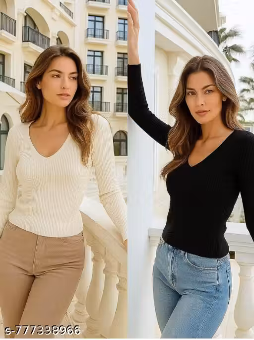 Women Ribbed V-Neck Cotton Fitted Top combo