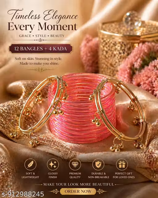 Pink Glass Bangles Set for Women (12 Bangles + 4 Kada) | Designer Bridal Chudi Set | Wedding Party Wear Traditional Jewellery