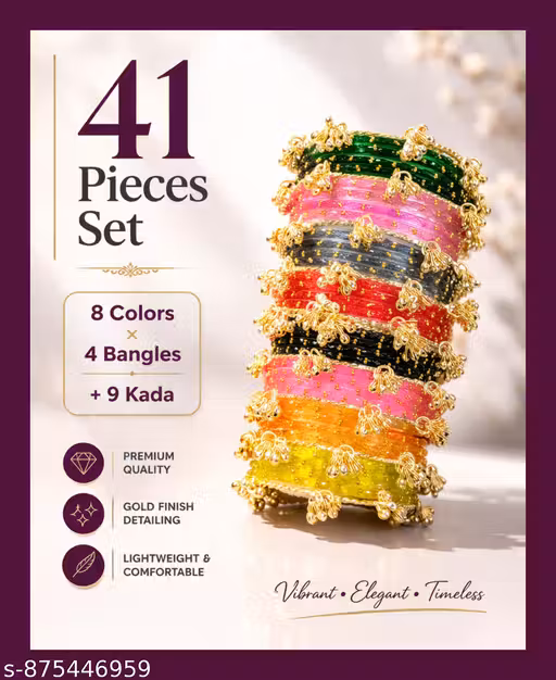 41 Pieces Multicolor Bangles Set with Kashmir Kada for Women | 8 Color Combo Traditional Chudi Set for Wedding & Daily Wear