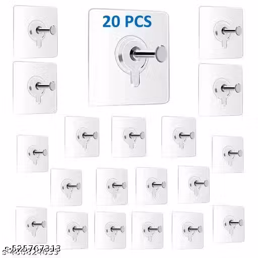 KAMS Trendy (PACK OF 20) Self Adhesive Wall Hooks, Heavy Duty Sticky Hooks for Hanging, Waterproof Transparent Adhesive Hooks for Wall