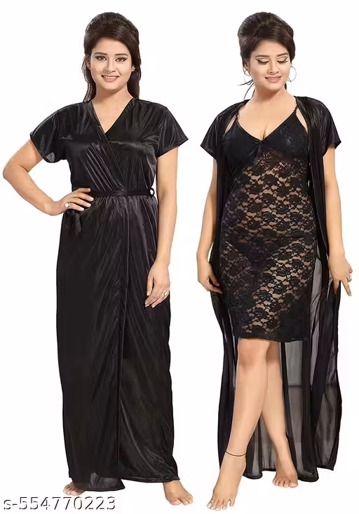 JB Satin 28 Gaz Premium Solid Nighty With Robe Black