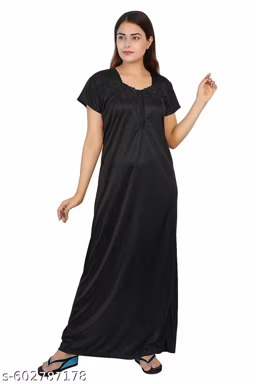 LUVTEX Women Satin Premium 28 Gaze Nighty With ZiP Black