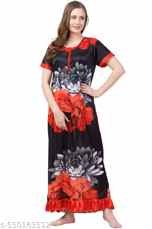 LUVTEX Floral Printed Satin Nighty With Zip