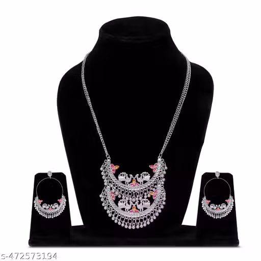 Women's Silver Plated Oxidised Tassel Beads Choker Jewellery Set, Necklace And Earring Sets For Women, Oxidised Jewelry For Women, Earrings With Pushback Claps, Choker Necklace Set Stylish