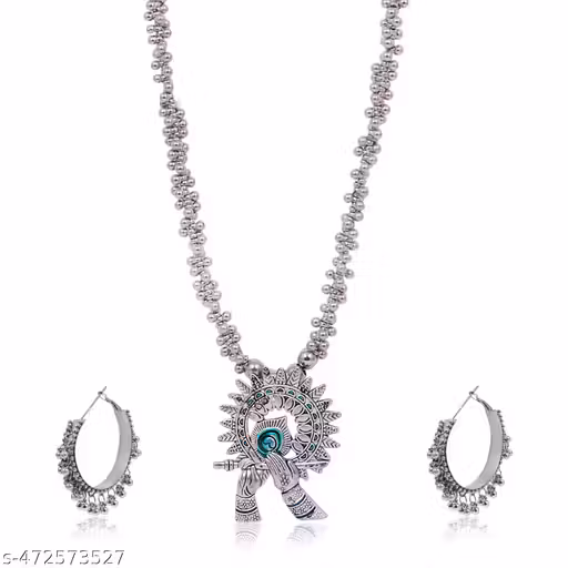  Oxidized Basuri Necklace & Earrings Set | Traditional Jewelry for Women | Ethnic & Boho Look | Janmashtmi festival Jewellery Krishna Jewellery (Pack of 1)