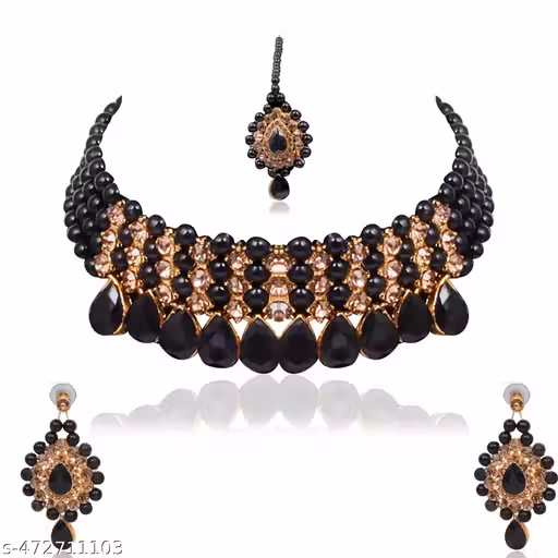 Fashion Women's Black StoneBeads Choker American Diamond Jewellery Set, Necklace And Earring Sets For Women, Oxidised Jewelry For Women, Earrings With Pushback Claps, Choker Necklace Set Stylish