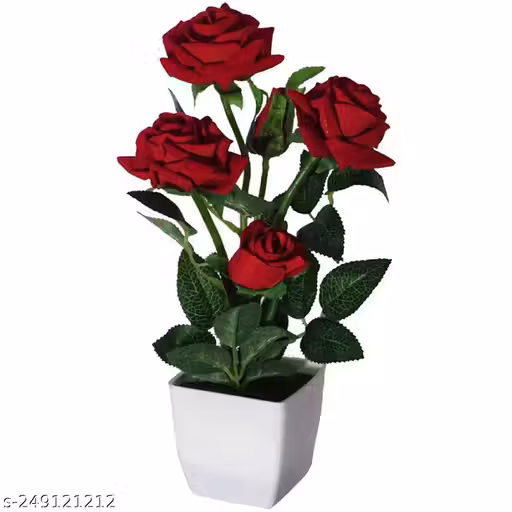 REAL PBR Artificial Red Rose 5 Stick Flower With Pot Pack of 1
