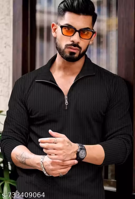 Men's White Collar T-shirt with Zip, Long Sleeve, Ribbed Texture, Trendy men's T-shirt