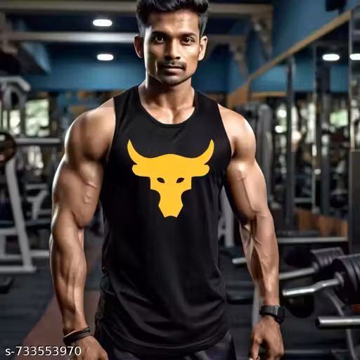 Men's Black Gym Tank Top with Bull Logo, Sleeveless Workout Vest, Trendy Gym and casual wear baniyan for men