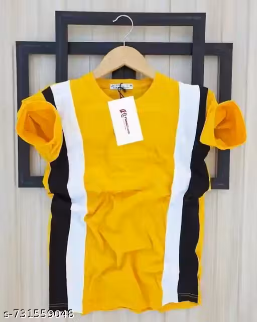 Men's Color Block T-Shirt, Yellow White Black, Round Neck, Short Sleeve, Casual Sportswear