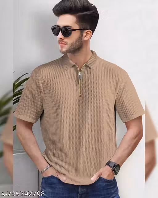 Men's Brown Collar T-shirt with Zip Short Sleeve, Ribbed Texture, Trendy men's T-shirt
