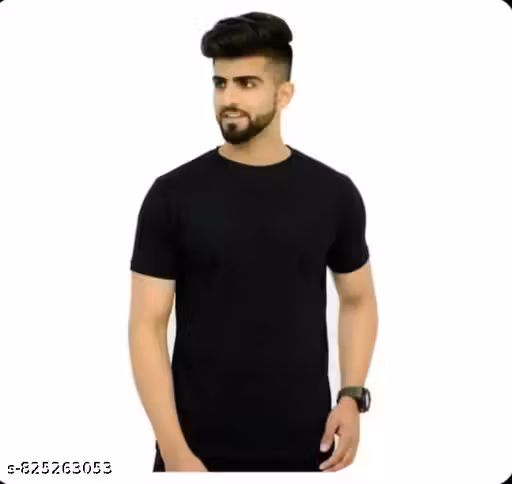 This image shows a solid black men's round neck half sleeve t-shirt, similar to models from