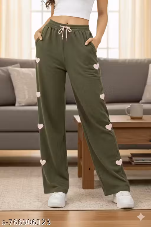 Women Heart Print Green Wide Leg Track Pants | Stylish Casual & Lounge Wear