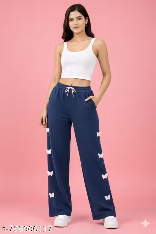 Women Butterfly Blue Print Wide Leg Track Pants | Stylish Casual & Lounge Wear