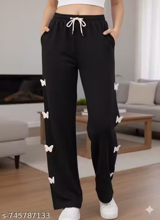 Women Butterfly Black Print Wide Leg Track Pants | Stylish Casual & Lounge Wear