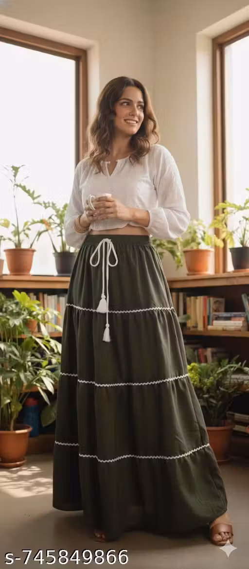 Women Comfortable High Waist Long Green Skirt for Casual & Festive Wear