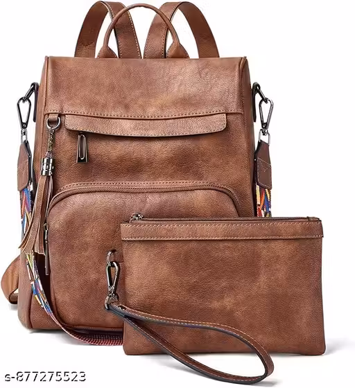 Fabcraft Fashion Backpack Set for Women Girls, Backpack Purse for Women Satchel Handbags Large Capacity Travel Vintage PU Leather Shoulder Bag
