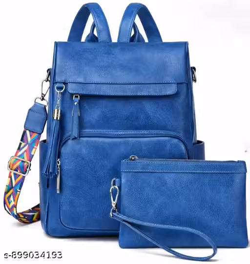 Fabcraft Fashion Backpack Set for Women Girls, Backpack Purse for Women Satchel Handbags Large Capacity Travel Vintage PU Leather Shoulder Bag BLUE