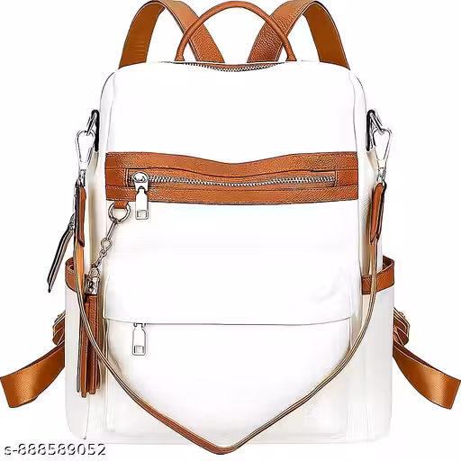 Fabcraft Women's Faux Leather Backpack, Black and Tan, Multi-Pocket Design with Tassel Detail, Convertible Shoulder Straps