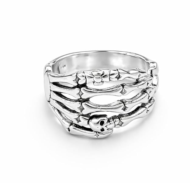 Gothic Skeleton Skull Rib Ring, Smooth Shiny Silver Finish, Dark Horror Style, Unisex Fashion Accessory
