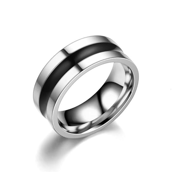 Men's Stainless Steel Ring, Black Stripe Design, Silver Tone Fashion Band