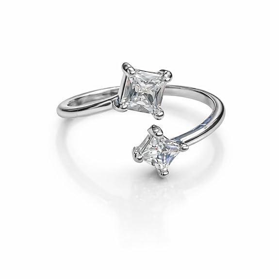 Silver Plated Adjustable Open-End Ring with Dual Princess-Cut CZ Stones for Women and Girls