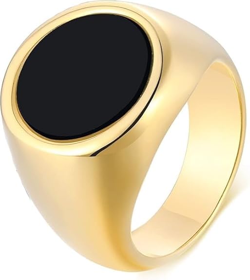 Premium Gold-Plated Black Onyx Signet Ring for Men, Bold Round Stone Statement Ring, Stylish Fashion Jewelry