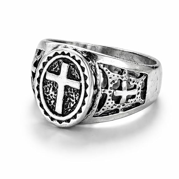 Men's Silver Signet Ring with Cross Design, Vintage Statement Ring, Antique Finish