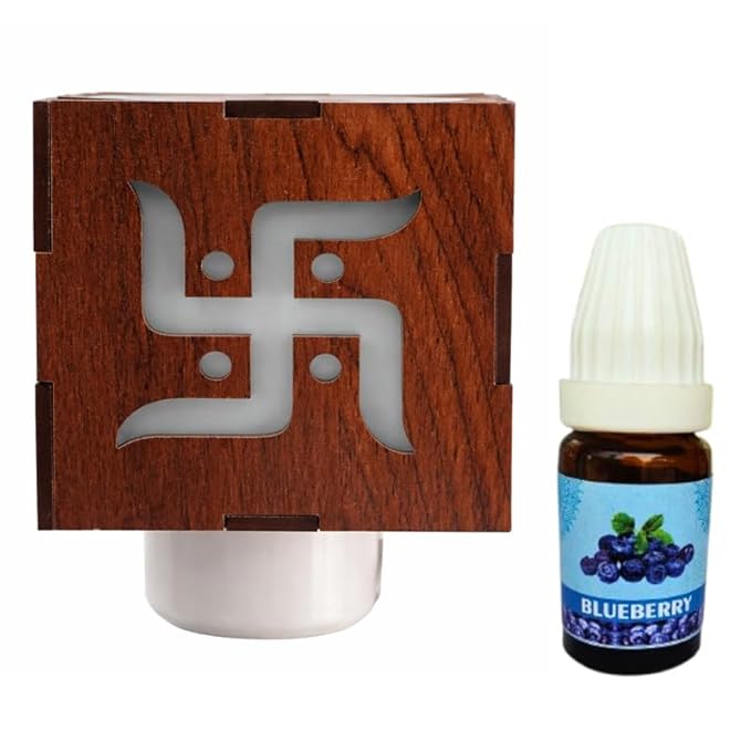 Electric Kapoor Dani Wooden Swastik Design | Camphor Diffuser Plug-in Aroma Oil Burner Night Lamp for Pooja Room, Home Temple & Office | Essential Oil Compatible (Brown)