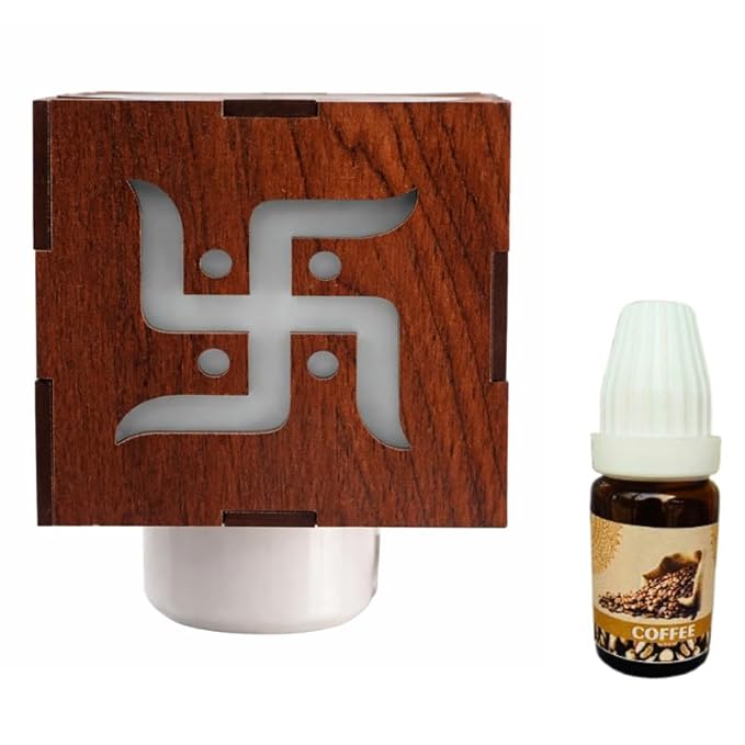 Electric Kapoor Dani Wooden Swastik Design with Essential Oil | Camphor Diffuser Plug-in Aroma Oil Burner Night Lamp for Pooja Room, Home Temple & Office (Brown)