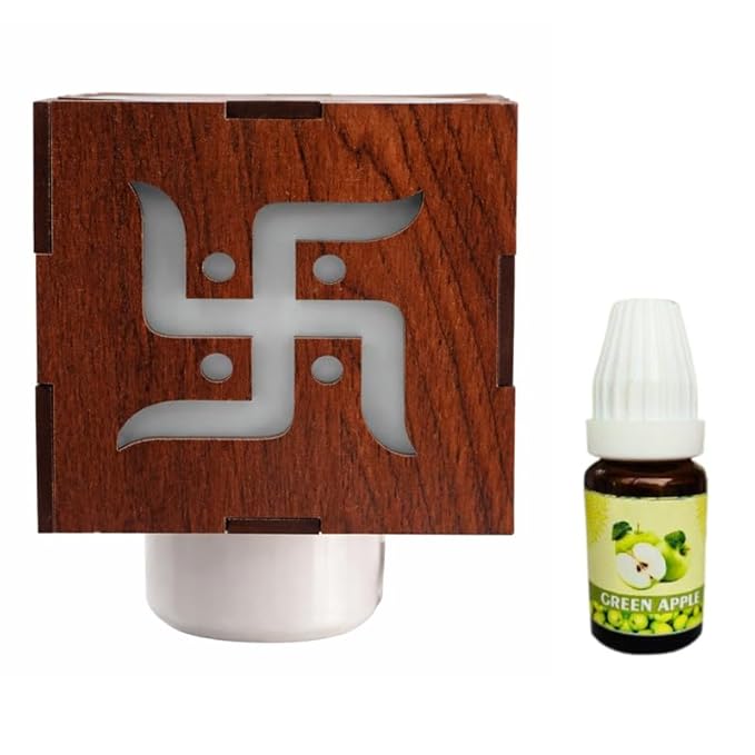 Electric Kapoor Dani Swastik Design with Green Apple Fragrance Oil | Wooden Camphor Diffuser Plug-in Aroma Oil Burner Night Lamp for Pooja Room Mandir Home Fragrance & Vastu Décor