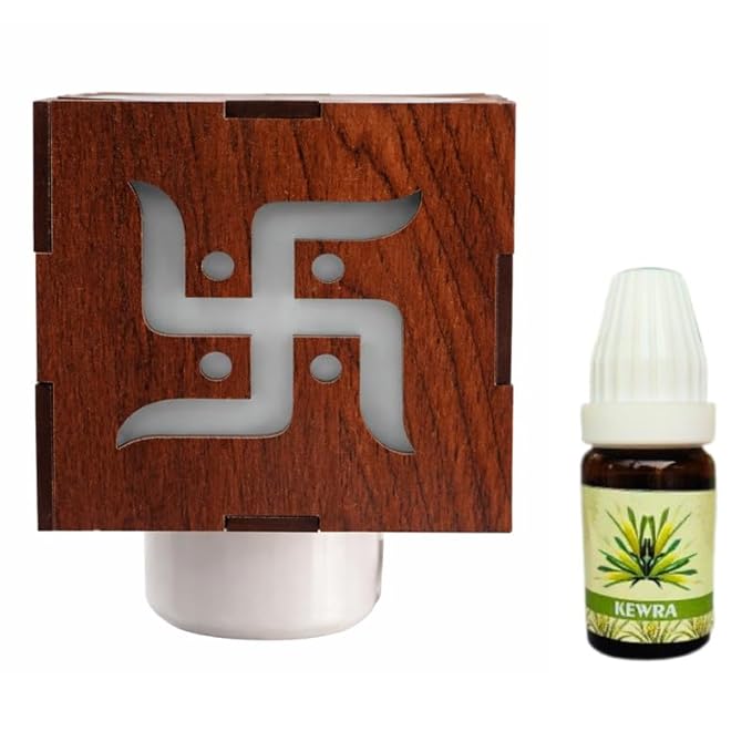 Electric Kapoor Dani Swastik Design with Kewra Fragrance Oil | Wooden Plug-in Camphor Diffuser Aroma Oil Burner Night Lamp for Pooja Room Mandir Home Decor & Vastu