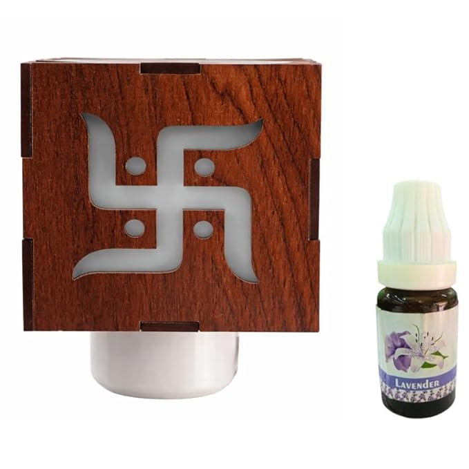 Electric Kapoor Dani Swastik Design with Lavender Oil | Wooden Camphor Diffuser Plug-in for Pooja Room, Mandir Decor, Night Lamp Aroma Burner, Vastu Spiritual Gift for Home