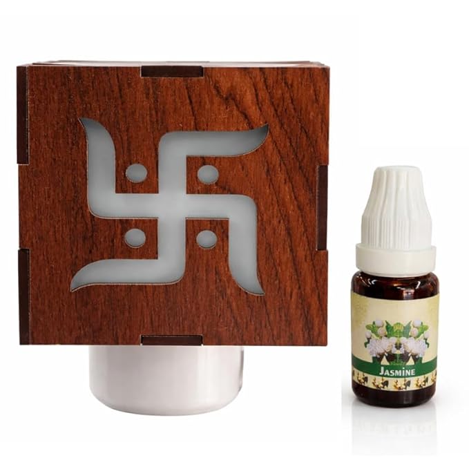 Electric Kapoor Dani Swastik Design with Jasmine Aroma Oil | Wooden Camphor Diffuser Burner Plug-in for Pooja Room, Mandir Decor, Vastu Item, Night Lamp & Spiritual Gift