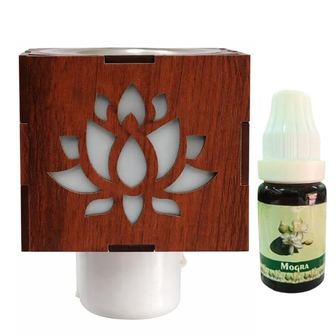 Electric Kapoor Dani Lotus Design with Mogra Fragrance Oil | Wooden Camphor Diffuser Plug-in Aroma Burner Night Lamp for Pooja Room, Mandir Decor & Home Air Freshener