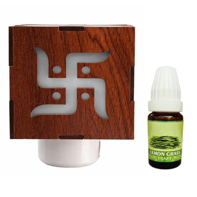 Electric Kapoor Dani Ganesh Design with Lime Fragrance Oil | Wooden Camphor Diffuser Plug-in for Pooja Room, Mandir Decor, Night Lamp Aroma Burner, Vastu Spiritual Gift for Home