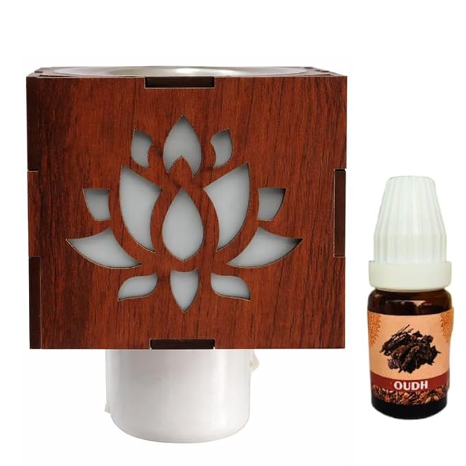 Electric Kapoor Dani Lotus Design with Oudh Oil | Wooden Plug-in Camphor Diffuser Aroma Oil Burner Night Lamp for Pooja Room, Home Fragrance, Mandir Decor & Vastu Gift
